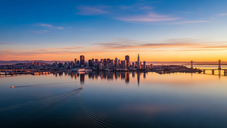 The San Francisco skyline is bathed in the warm glow of sunrise, with a vibrant orange and blue sky reflected in the calm waters of the bay. Tall skyscrapers and iconic buildings form a silhouette against the horizon. A single boat leaves a gentle wake as it sails across the water, adding a sense of movement to the otherwise tranquil scene. The Golden Gate Bridge is visible in the distance.の素材