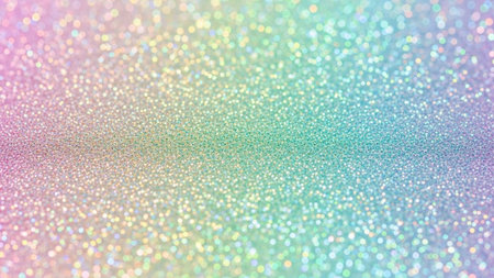 A close-up, abstract view of a surface covered in fine glitter particles. The glitter reflects light, creating a soft bokeh effect with a gradient of pastel colors including pink, yellow, green, and blue. The overall impression is magical and ethereal, with a gentle shimmer that suggests a festive or celebratory mood. The is out of focus, emphasizing the texture and luminous of the glitter.の素材