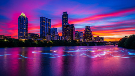 A view of the Austin skyline at twilight. The sky is a canvas of vibrant pink, purple, and orange hues, with streaks of blue. The modern skyscrapers of the city are silhouetted against this dramatic backdrop. Below, the river reflects the colorful sky and the city lights, with abstract, glowing light trails adding a dynamic and energetic to the water's surface. The scene captures the vibrant and lively atmosphere of the urban landscape at dusk.の素材