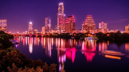 A nighttime view of the Austin, Texas skyline. Tall modern skyscrapers are brightly lit with vibrant pink and purple lights, creating a spectacle against the dark night sky. The city lights are beautifully reflected on the calm surface of the river below, with a boat leaving a glowing trail on the water. Trees with dark foliage frame the left side of the adding depth to the urban panorama.の素材