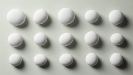 Fifteen white spherical are arranged in a precise 3x5 grid on a plain light grey background, varying in size.の素材
