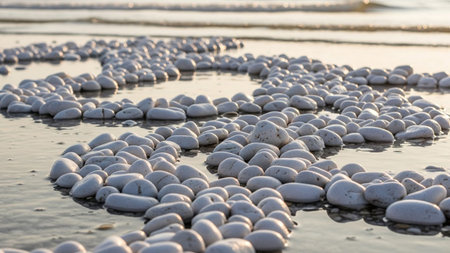Smooth white pebbles arranged in a spiral pattern on a wet sandy beach with gentle ocean waves and reflections.の素材