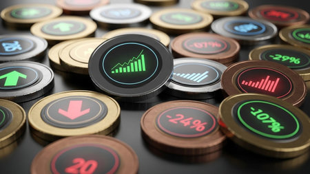 Pile of metallic coins displaying financial market data with green upward and red downward trend graphs and...の素材