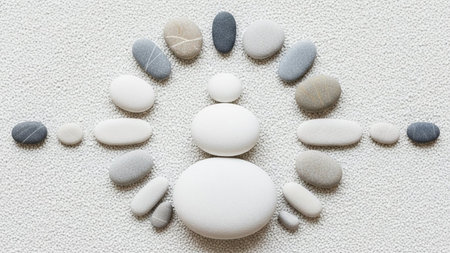 Smooth grey and white pebbles are arranged in a semi-circle and stacked formation on a textured white surface.の素材