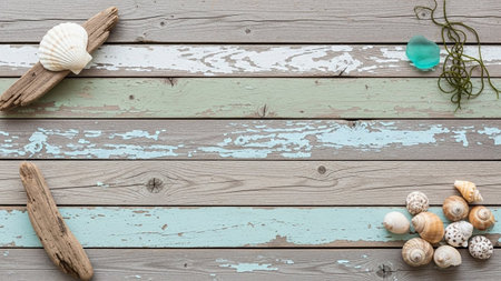 Weathered wooden planks in pastel colors form a beach-themed background adorned with driftwood, seashells, and aqua...の素材