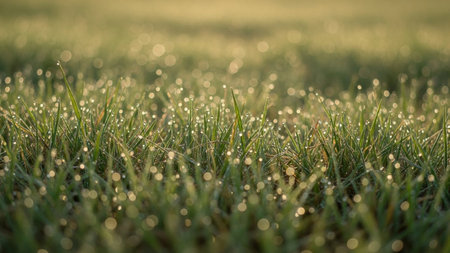 Lush green grass blades covered in sparkling dew drops, illuminated by soft morning sunlight creating a bokeh effect.の素材
