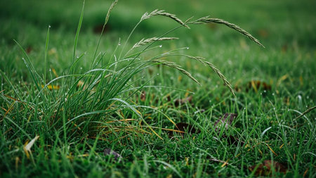 20251228 showing close-up of lush green grass with dew drops and a few blades of grass bending in the wind, evoking...の素材