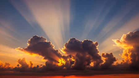 Dramatic sunset with vibrant orange and red hues, featuring dark clouds pierced by crepuscular rays of light.の素材