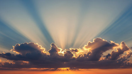 Textures showing dramatic sun rays bursting through dark, fluffy clouds at sunset casting golden light across a...の素材