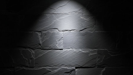 Spotlight showing dark slate stone wall texture with a bright spotlight illuminating a section of the surface.の素材