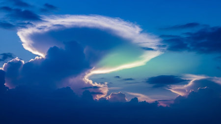 A vast expanse of deep blue sky a dramatic cumulonimbus cloud illuminated with iridescent green and purple light.の素材