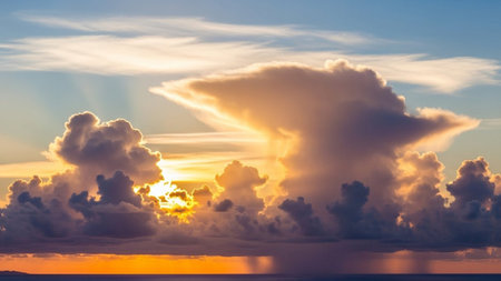 A massive, illuminated cumulonimbus cloud dominates the sky at sunset, casting golden light over a dark ocean.の素材