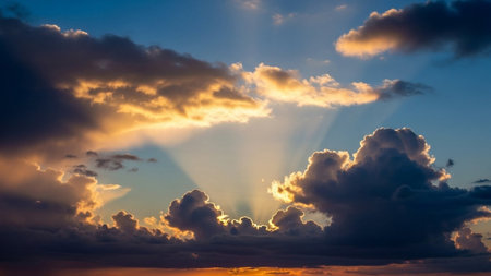 A dramatic sunset sky with golden sunbeams breaking through dark, voluminous clouds, casting light across the blue...の素材