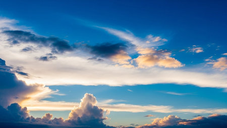 A vibrant sky at sunset, featuring a mix of deep blue, bright orange, and golden yellow clouds, creating a dynamic...の素材