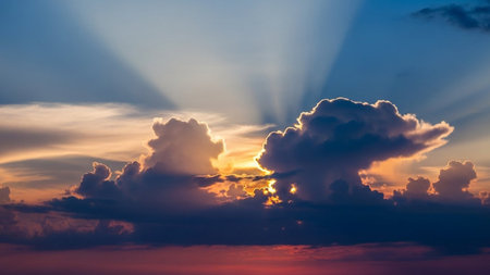 Textures showing dramatic sunset sky with radiant sunbeams bursting through dark storm clouds casting vibrant orange...の素材
