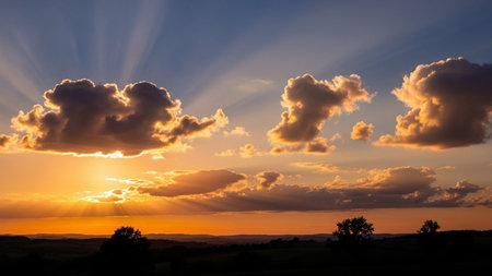 A dramatic sunset sky with golden sun rays bursting through cumulus clouds over silhouetted rolling hills and a warm...の素材