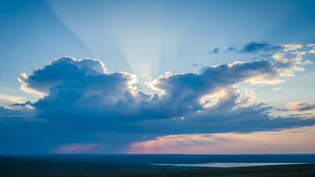 Sunbeams pierce through dramatic dark blue clouds at sunset, casting a warm glow over a serene landscape and calm water.の素材