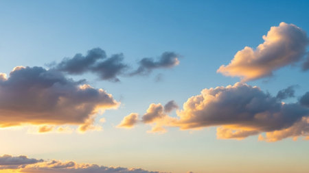 Wispy showing golden hour clouds illuminated by setting sun against a gradient blue sky with wispy and cumulus...の素材