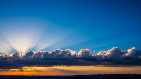 sun rays pierce through dark clouds in a dramatic sunset sky above silhouetted hills and mountains.の素材