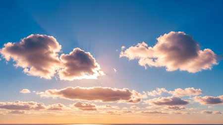 A vibrant sunset sky with golden hour light illuminating fluffy clouds and sun rays shining over a calm ocean horizon.の素材
