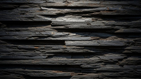 A detailed close-up of a dark grey slate stone wall with rough, layered textures and deep shadows creating a strong...の素材