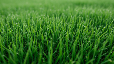 Textures showing macro shot of lush green grass blades with tiny water droplets glistening in the sunlight creating...の素材