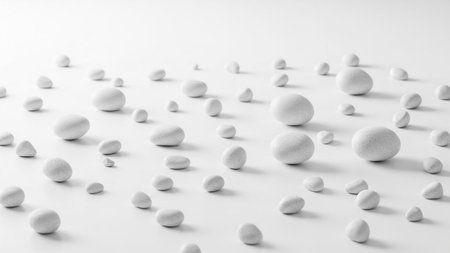 A minimalist arrangement of scattered smooth white pebbles and stones of various sizes on a clean white surface with...の素材