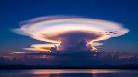 A lenticular cloud glows with vibrant sunset colors above a calm body of water under a deep blue twilight sky.の素材