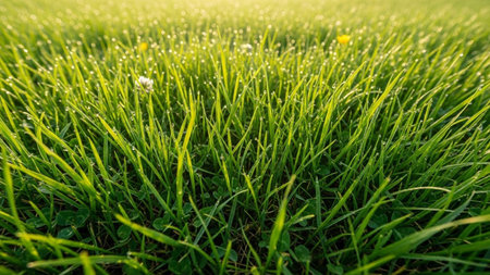 20251228 showing vibrant green grass blades covered in dew drops illuminated by golden morning sunlight.の素材