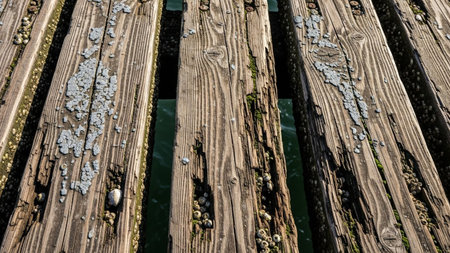 Close-up of weathered wooden pier planks covered in barnacles and lichen, revealing intricate textures and signs of...の素材