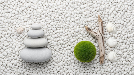 A balanced zen arrangement featuring stacked gray stones, a green moss ball, white seashells, and driftwood on a bed...の素材