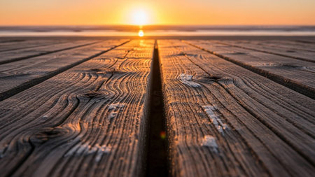 Weathered wooden boardwalk planks in sharp focus extend towards a glowing sunset over the ocean, casting warm golden...の素材