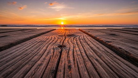 Boardwalk showing wooden boardwalk leading towards a vibrant sunset over the ocean with gentle waves and a fiery...の素材