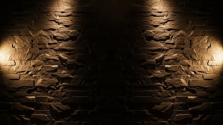 A rough stone wall is dramatically lit by two spotlights, casting deep shadows and creating a moody, textured surface.の素材