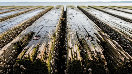 Close-up of weathered wooden pier planks encrusted with barnacles and moss, with a calm ocean horizon.の素材