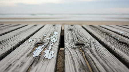 Close-up of weathered grey wooden boardwalk planks with peeling paint, leading to a sandy beach and ocean horizon.の素材