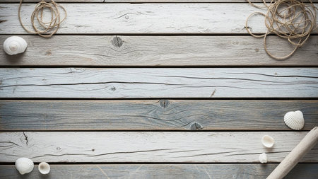 Weathered wooden planks in shades of grey and blue are adorned with seashells and coiled twine, creating a rustic...の素材
