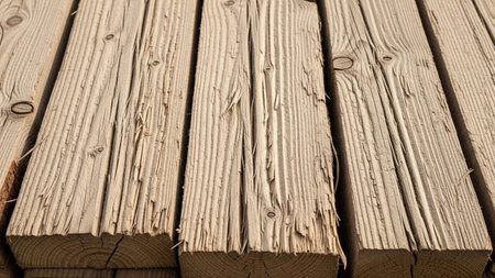 Close-up view of weathered wooden planks showing distinct grain patterns and peeling texture under natural light.の素材