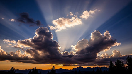 Sun rays dramatically pierce through dark clouds over a silhouetted mountain range at sunset, creating a vibrant sky.の素材
