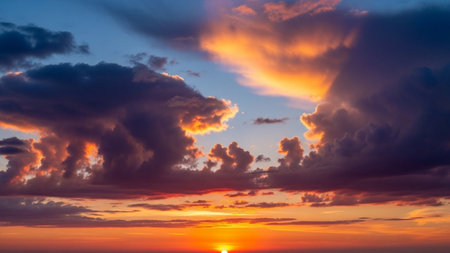 The vibrant orange sun sets on the horizon, illuminating dramatic clouds in fiery orange, deep purple, and dark gray...の素材