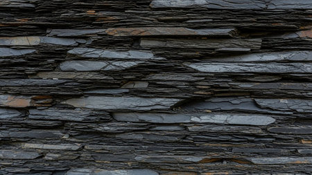 A close-up view of a wall constructed from stacked layers of dark gray and black slate stone, exhibiting a rough,...の素材