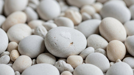 A close-up of smooth, rounded white and light grey pebbles and stones creating a natural, textured pattern on a flat...の素材