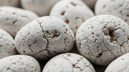 Crack showing macro of a cluster of smooth, textured white stones with intricate crack patterns on their surfaces....の素材