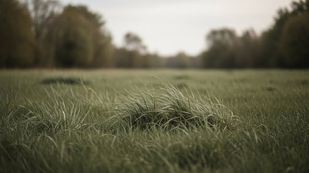 A soft focus view of a green meadow with tall grass in the foreground and blurred trees in the distance.の素材