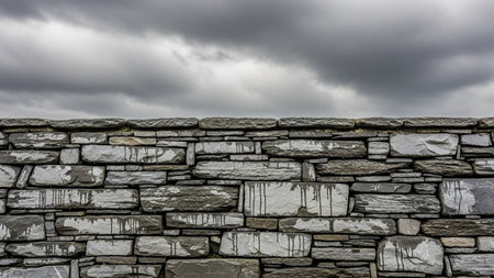 Streaks showing rough grey stone wall with dark streaks against a moody overcast sky. resolutionの素材