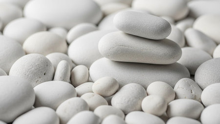 Similar showing stack of smooth white zen stones balanced precariously on a bed of similar smooth white pebbles...の素材