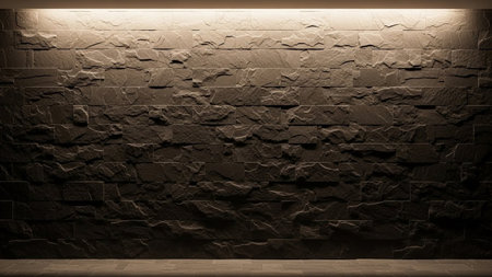 A dark grey stone wall with a rough, textured surface is lit by warm light from above and below.の素材
