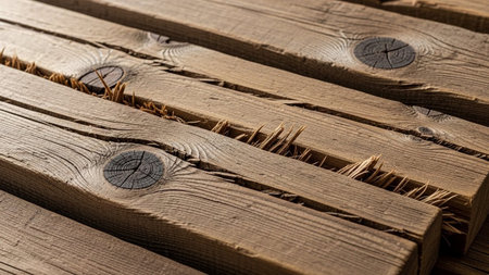 Visible showing weathered rustic wooden planks with prominent knots and visible grain patterns showing signs of age...の素材