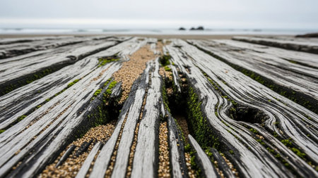 Boardwalk showing weathered wooden boardwalk with sand and green moss leading to a misty ocean horizon.の素材