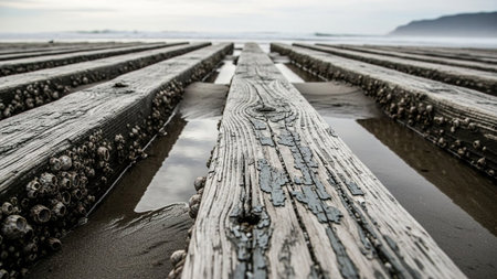 20251228 showing weathered wooden pier planks covered in barnacles on sandy beach with water reflections.の素材